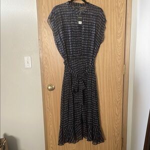 Club Monaco Navy and White Ruffled Wrap Midi Dress Sz 14